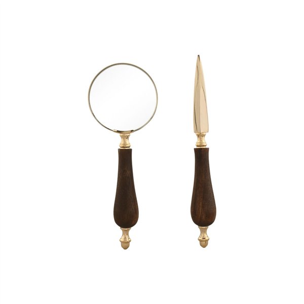 Magnifying glass Home ESPRIT Brass Mango wood 25 x 7 x 11 cm