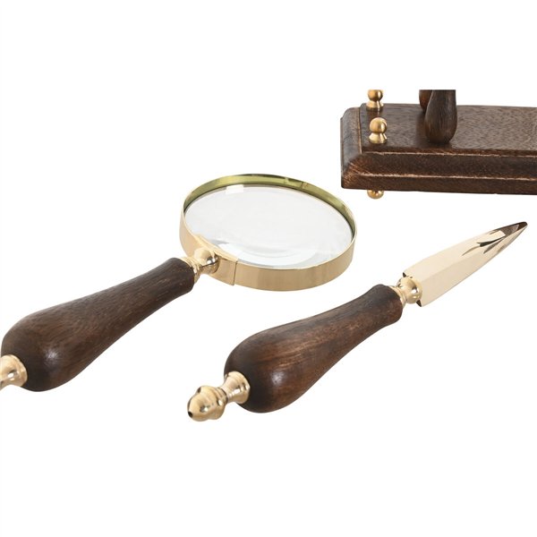 Magnifying glass Home ESPRIT Brass Mango wood 25 x 7 x 11 cm