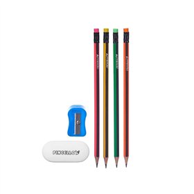 Pencil Set Pincello Yellow Red Green Pink Pencil Sharpener Eraser (12 Units)