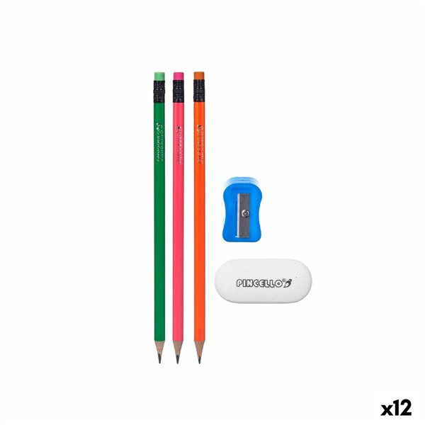 Pencil Set Pincello Blue Red Green Orange Pencil Sharpener Eraser (12 Units)