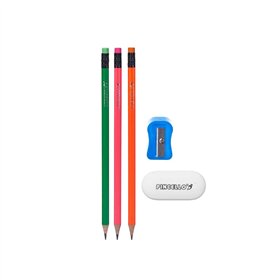 Pencil Set Pincello Blue Red Green Orange Pencil Sharpener Eraser (12 Units)
