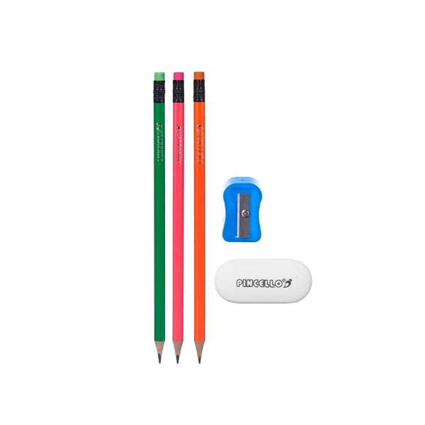 Pencil Set Pincello Blue Red Green Orange Pencil Sharpener Eraser (12 Units)