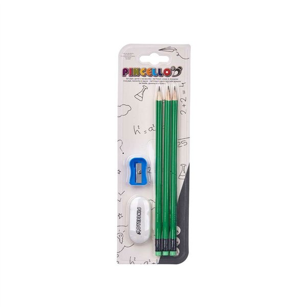 Pencil Set Pincello Blue Red Green Orange Pencil Sharpener Eraser (12 Units)