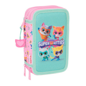 Triple Pencil Case SuperKitties Pink Turquoise 12,5 x 19,5 x 5,5 cm 37 Pieces