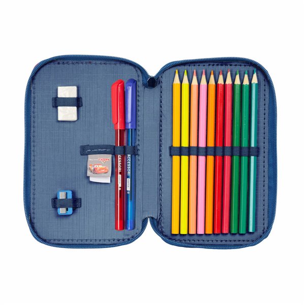 Double Pencil Case Cars Racing Navy Blue 12.5 x 19.5 x 4 cm Double Pencil Case 29 Pieces