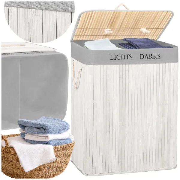Double laundry basket Springos HA7504 105 L bamboo with lid and handles, two compartments