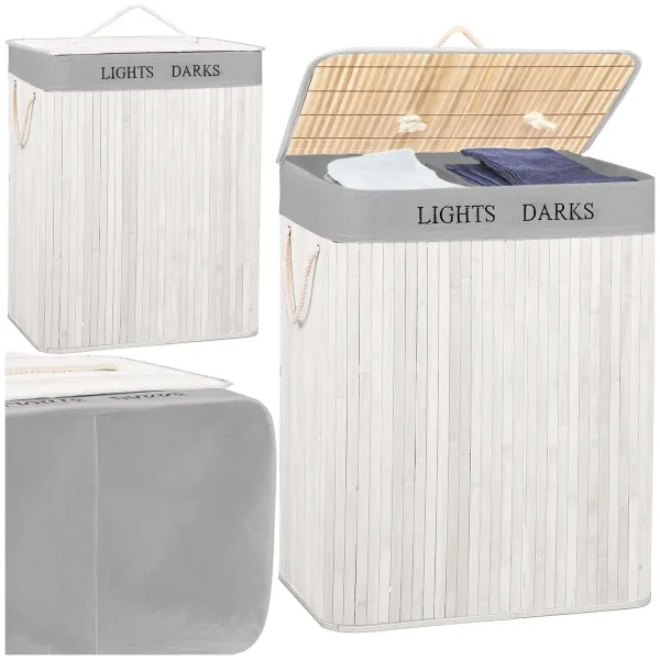 Double laundry basket Springos HA7504 105 L bamboo with lid and handles, two compartments