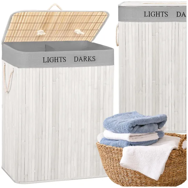 Double laundry basket Springos HA7504 105 L bamboo with lid and handles, two compartments