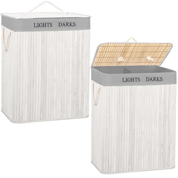 Double laundry basket Springos HA7504 105 L bamboo with lid and handles, two compartments