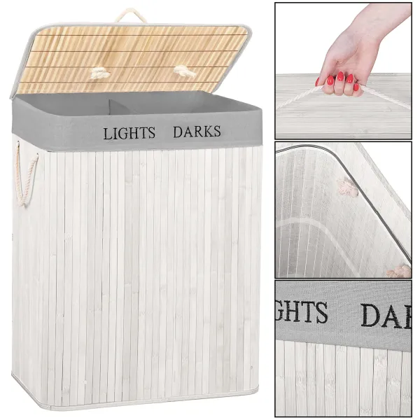 Double laundry basket Springos HA7504 105 L bamboo with lid and handles, two compartments