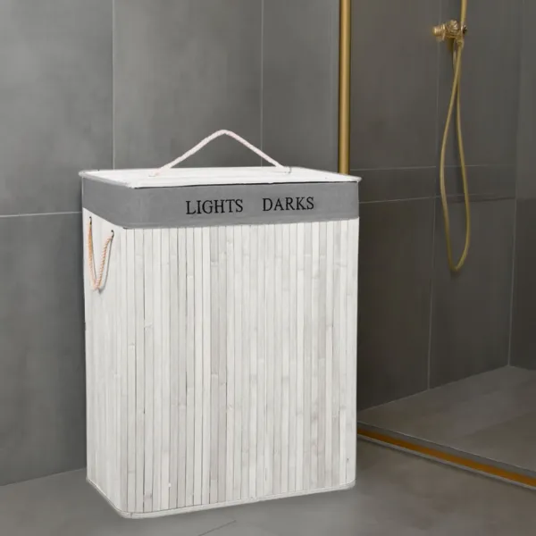 Double laundry basket Springos HA7504 105 L bamboo with lid and handles, two compartments