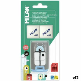 Eraser and Pencil Sharpener Set Milan COMPACT ALIENS Multicolour 3 Pieces (12 Units)