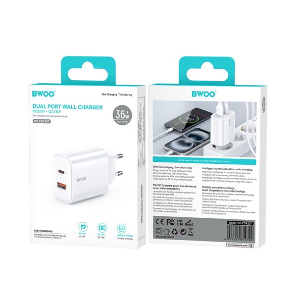 BWOO CDA207 PD 36W wall charger 1x USB-A + USB-C port white