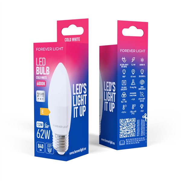 Forever Light LED Bulb E27 C37 7.2W 840lm 6000K class E