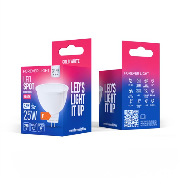 Forever Light LED Bulb GU5,3 MR16 2.5W 250lm 6000K 12V class F