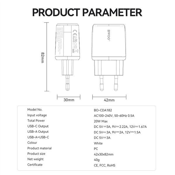 BWOO wall charger CDA182 QC 38W 1x USB-A + 1x USB-C white