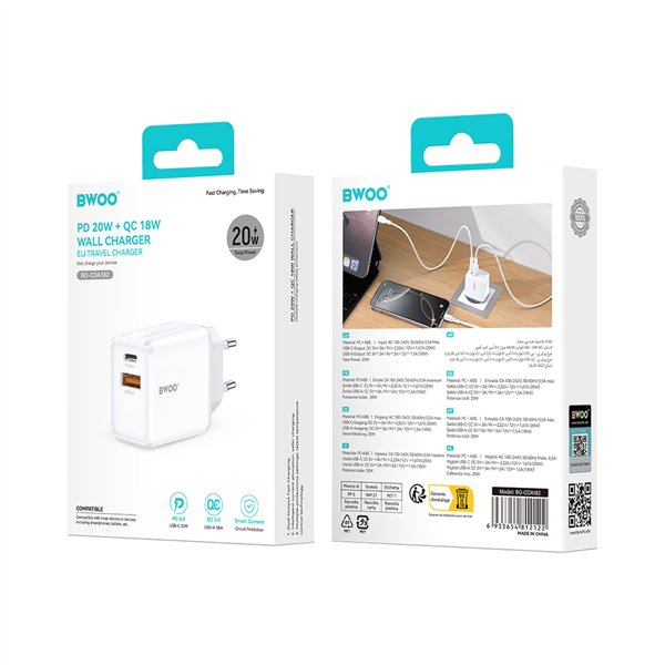 BWOO wall charger CDA182 QC 38W 1x USB-A + 1x USB-C white