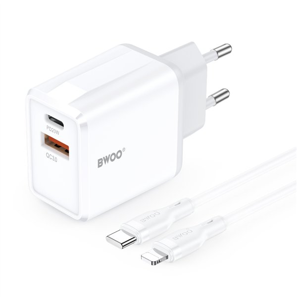 BWOO wall charger CDA182 QC 38W 1x USB-A + 1x USB-C with USB-C C-Lightning cable 1 m black