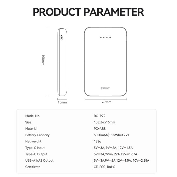 BWOO power bank P72 QC 22.5W PD 20W 5000 mAh with 2 x USB-A ports 1 x USB-C port black