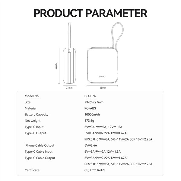 BWOO power bank P74 22.5W 10000 mAh with 2 built-in cables 1 x USB-C 1 x Lightning black