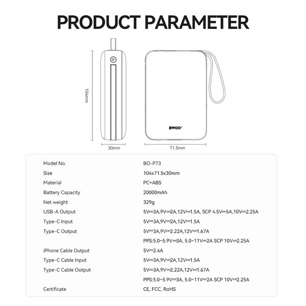 BWOO power bank P73 22.5W 20000 mAh with 2 built-in cables 1 x USB-C 1 x Lightning black