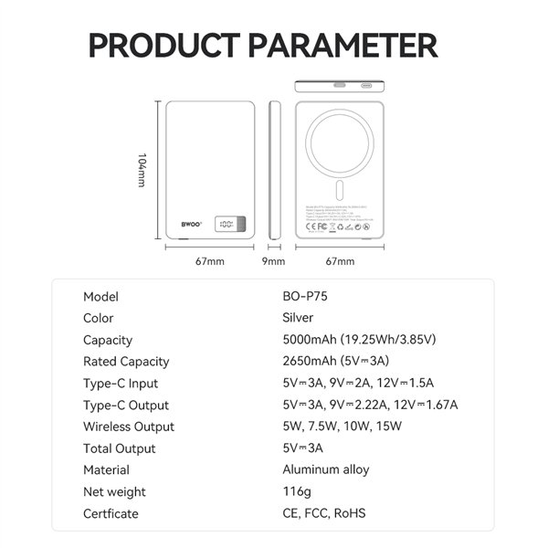BWOO magnetic power bank P75 PD 20W 5000 mAh with digital display and USB-C port black