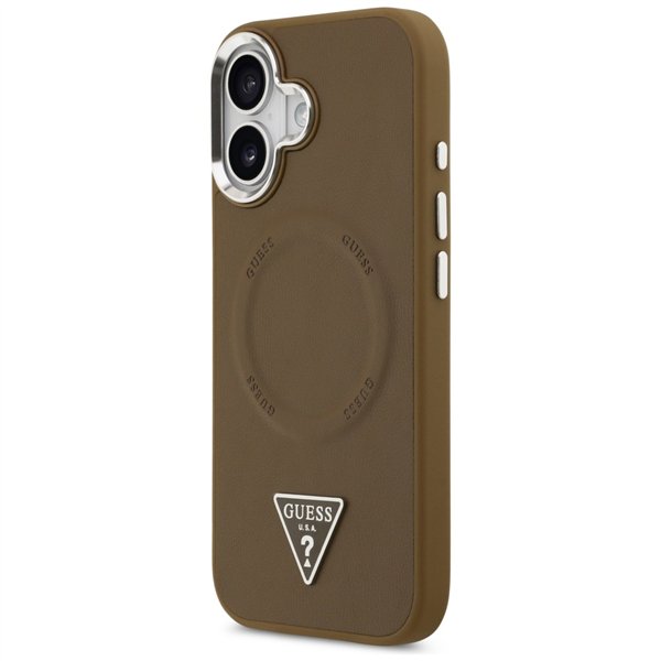 Guess Case Magsafe PU Leather Case With Triangle Logo Silver Metal Camera Frame For iPhone 17 Brown