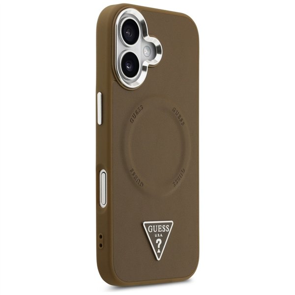 Guess Case Magsafe PU Leather Case With Triangle Logo Silver Metal Camera Frame For iPhone 17 Brown
