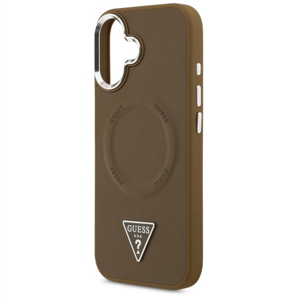 Guess Case Magsafe PU Leather Case With Triangle Logo Silver Metal Camera Frame For iPhone 17 Brown