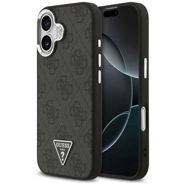 Guess Case Magsafe 4G PU Leather Case With Triangle Logo And Silver Metal Camera Frame For iPhone 17 Black