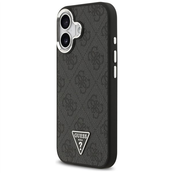 Guess Case Magsafe 4G PU Leather Case With Triangle Logo And Silver Metal Camera Frame For iPhone 17 Black