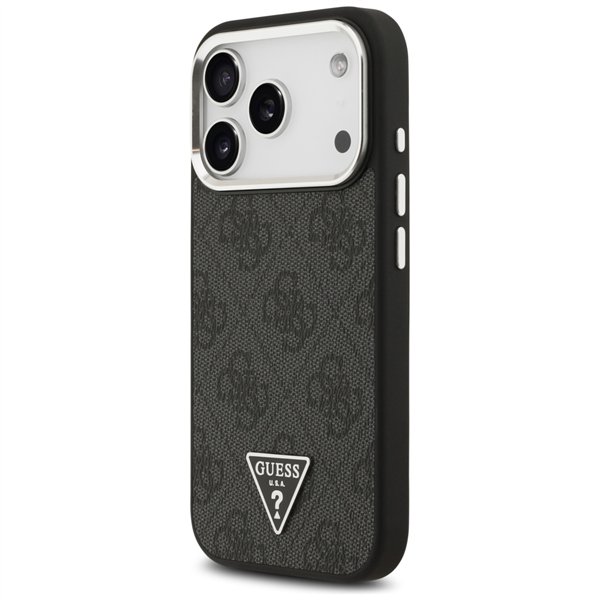 Guess Case Magsafe 4G PU Leather Case With Triangle Logo And Silver Metal Camera Frame For iPhone 17 Pro Black