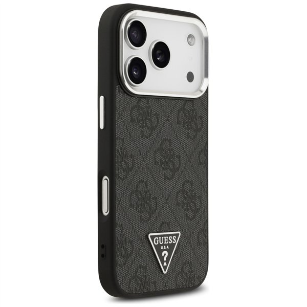 Guess Case Magsafe 4G PU Leather Case With Triangle Logo And Silver Metal Camera Frame For iPhone 17 Pro Black