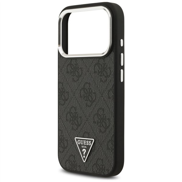 Guess Case Magsafe 4G PU Leather Case With Triangle Logo And Silver Metal Camera Frame For iPhone 17 Pro Black
