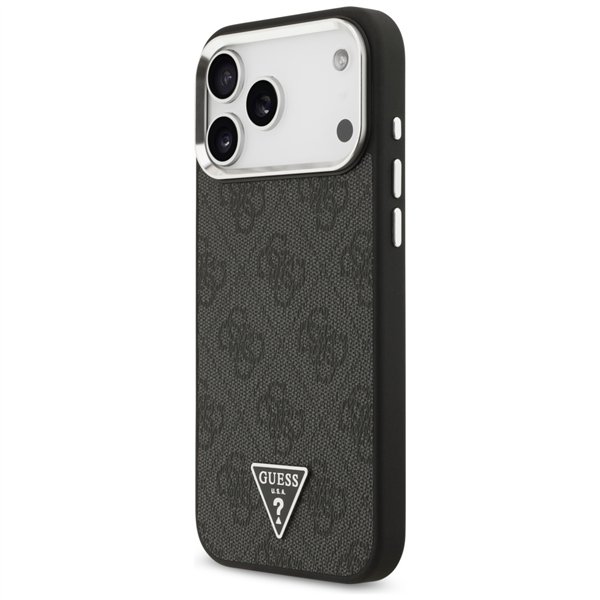 Guess Case Magsafe 4G PU Leather Case With Triangle Logo And Silver Metal Camera Frame For iPhone 17 Pro Max Black