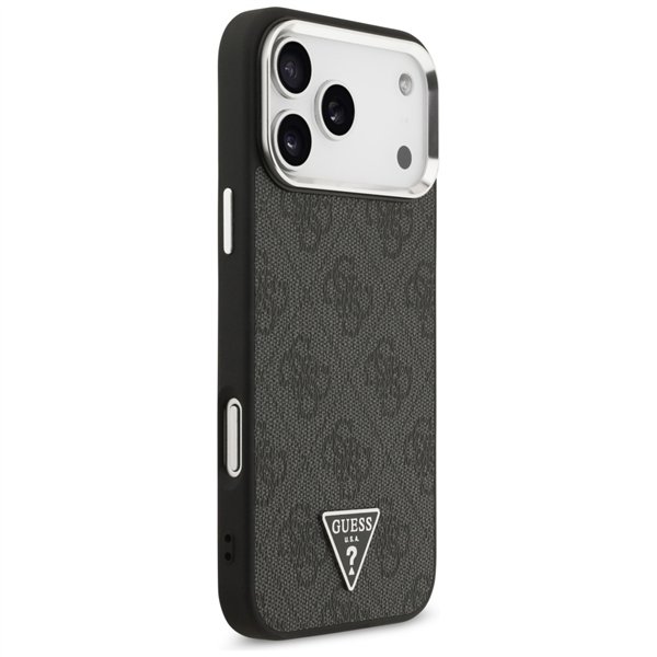 Guess Case Magsafe 4G PU Leather Case With Triangle Logo And Silver Metal Camera Frame For iPhone 17 Pro Max Black