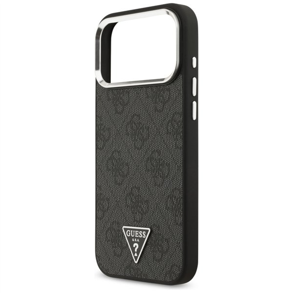Guess Case Magsafe 4G PU Leather Case With Triangle Logo And Silver Metal Camera Frame For iPhone 17 Pro Max Black