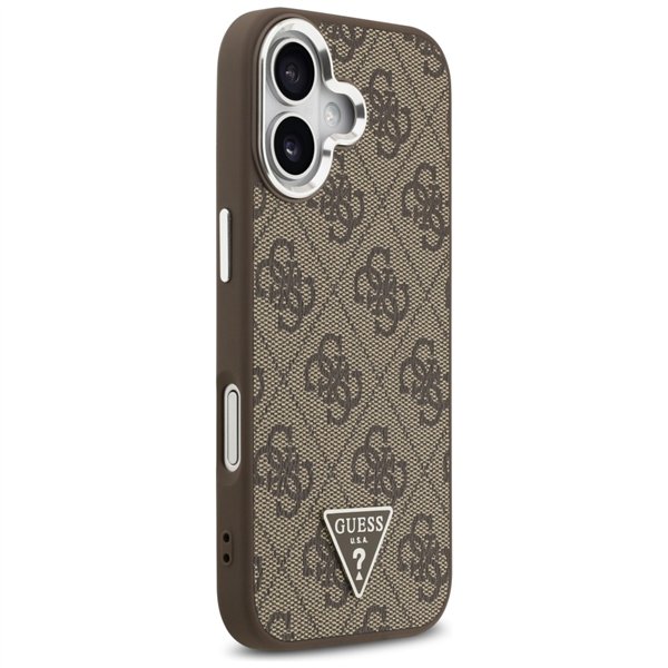 Guess Case Magsafe 4G PU Leather Case With Triangle Logo And Silver Metal Camera Frame For iPhone 17 Brown