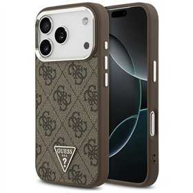 Guess Case Magsafe 4G PU Leather Case With Triangle Logo And Silver Metal Camera Frame For iPhone 17 Pro Brown