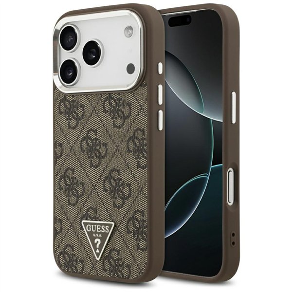 Guess Case Magsafe 4G PU Leather Case With Triangle Logo And Silver Metal Camera Frame For iPhone 17 Pro Brown