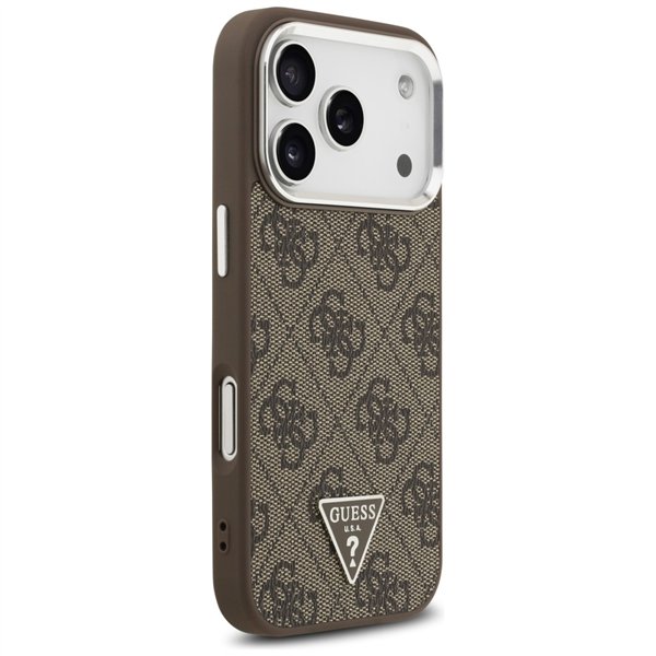 Guess Case Magsafe 4G PU Leather Case With Triangle Logo And Silver Metal Camera Frame For iPhone 17 Pro Brown