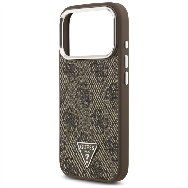 Guess Case Magsafe 4G PU Leather Case With Triangle Logo And Silver Metal Camera Frame For iPhone 17 Pro Brown