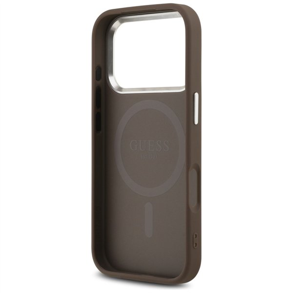 Guess Case Magsafe 4G PU Leather Case With Triangle Logo And Silver Metal Camera Frame For iPhone 17 Pro Brown