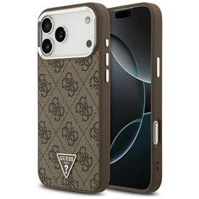 Guess Case Magsafe 4G PU Leather Case With Triangle Logo And Silver Metal Camera Frame For iPhone 17 Pro Max Brown