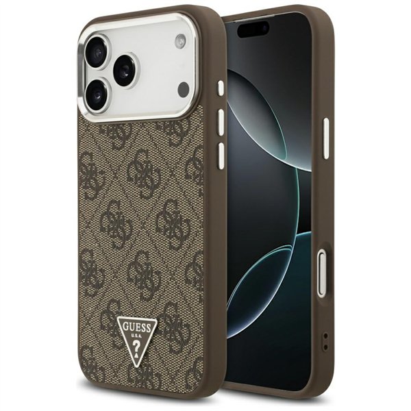 Guess Case Magsafe 4G PU Leather Case With Triangle Logo And Silver Metal Camera Frame For iPhone 17 Pro Max Brown
