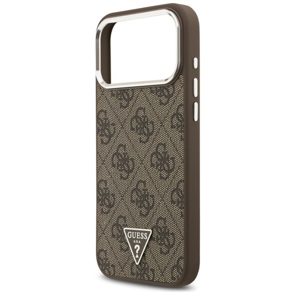 Guess Case Magsafe 4G PU Leather Case With Triangle Logo And Silver Metal Camera Frame For iPhone 17 Pro Max Brown