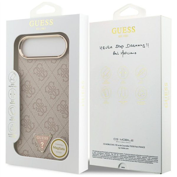 Guess Case Magsafe 4G PU Leather Case With Triangle Logo And Gold Metal Camera Frame For iPhone 17 Air Pink