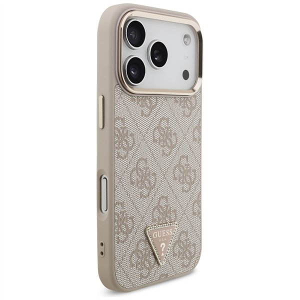 Guess Case Magsafe 4G PU Leather Case With Triangle Logo And Gold Metal Camera Frame For iPhone 17 Pro Pink