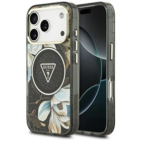 Guess Case Magsafe IML Case Glitter Flowers And Triangle With Metal Camera Frame And Buttons For iPhone 17 Pro Max Black