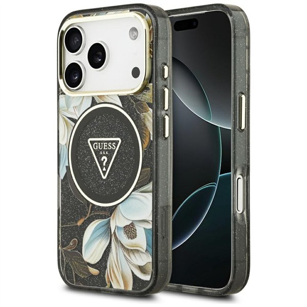 Guess Case Magsafe IML Case Glitter Flowers And Triangle With Metal Camera Frame And Buttons For iPhone 17 Pro Max Black